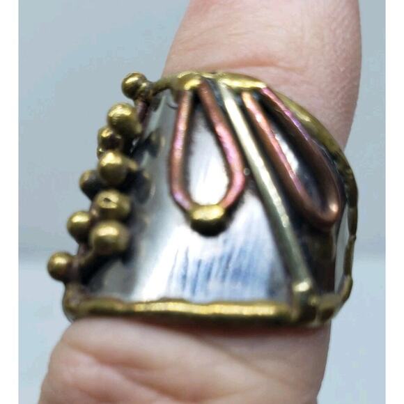 Mixed Metal Ring Brutalist MCM Chunky Cuff Adjustable 3D Biker Large Size Artist - Picture 10 of 14